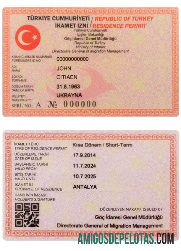 Autorização de residência na TURQUIA (versão 2) baixar para verificação